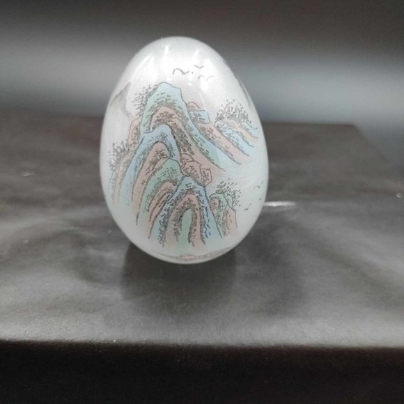 Vintage Reverse Hand Painted Glass Egg Japanese Scene Mountain Tree - No Stand - Picture 4 of 9